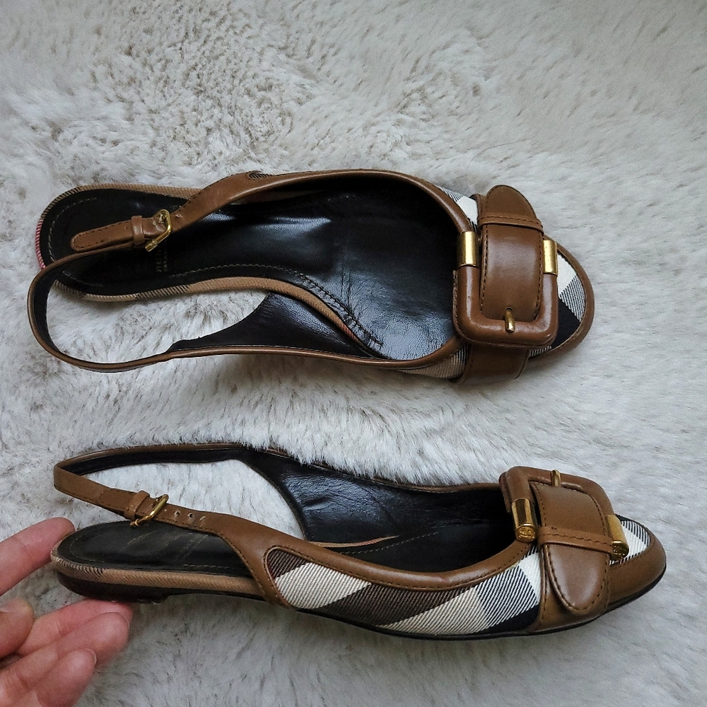 Burberry Brown Leather & Beige Check Slingback Flats